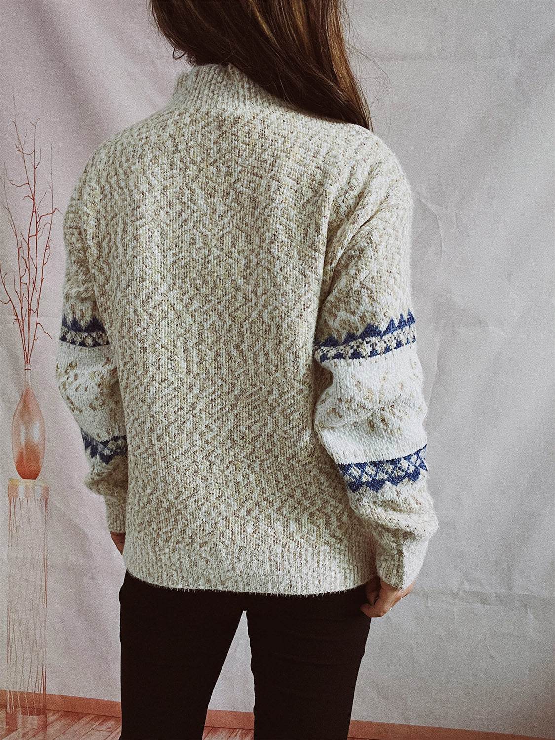 Geometric Mock Neck Dropped Shoulder Sweater - Delanoir