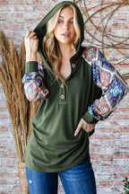 Heimish Full Size Half Button Printed Long Sleeve Hooded Top - Delanoir
