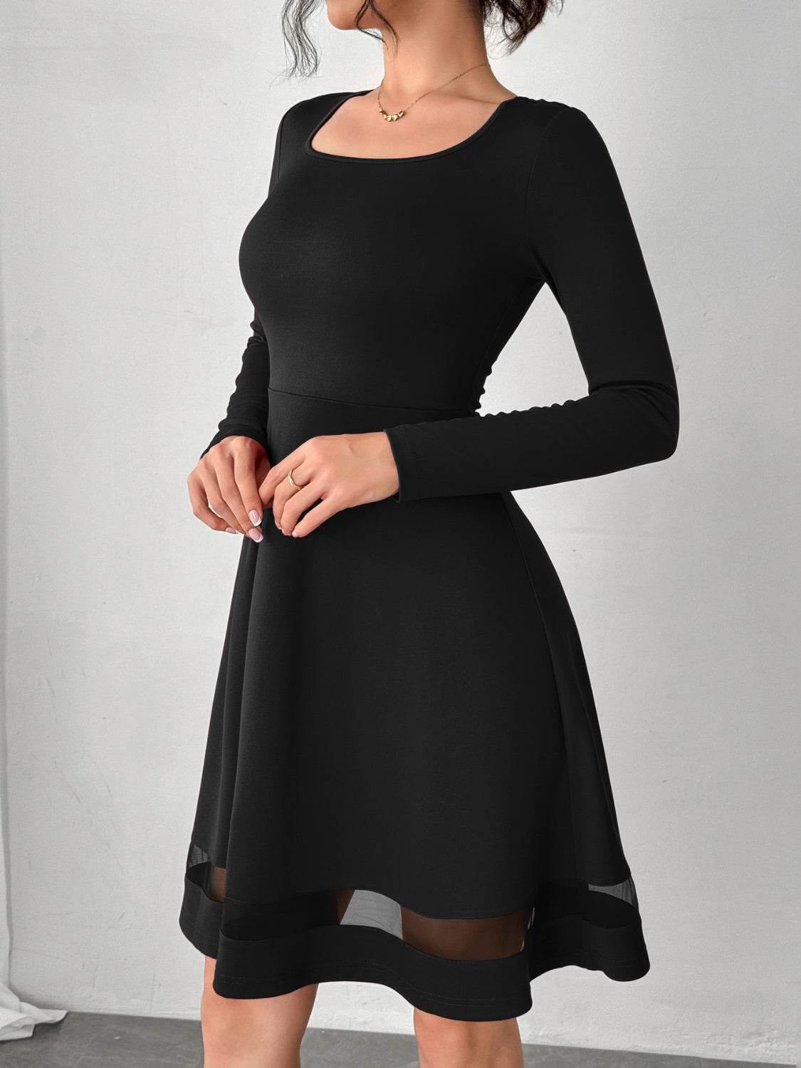Square Neck Long Sleeve Mini Dress - Delanoir