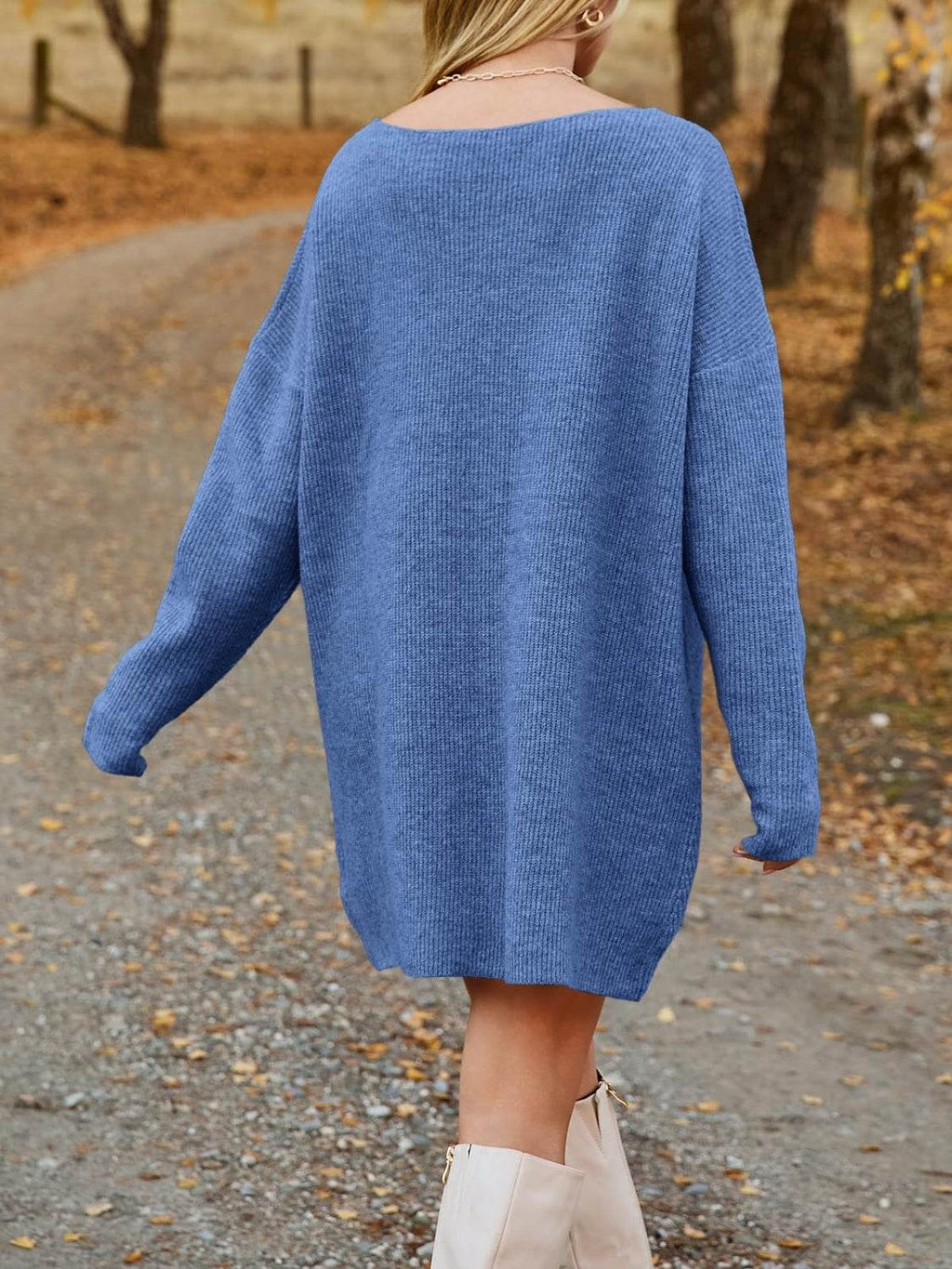 V-Neck Dropped Shoulder Sweater Dress - Delanoir