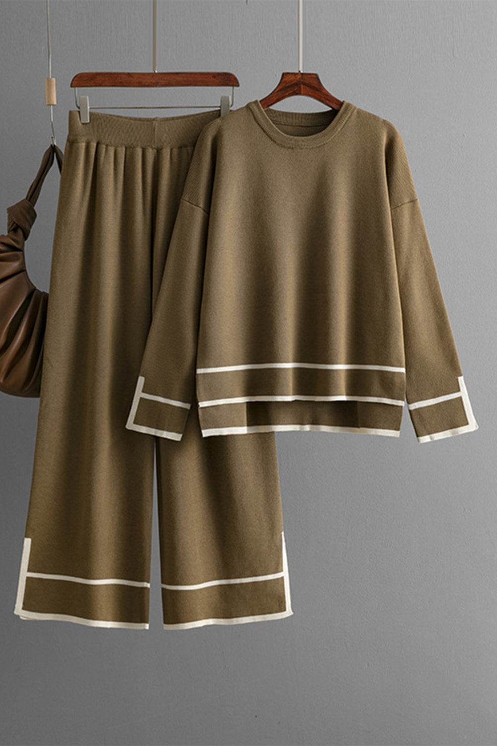High-Low Round Neck Top and Pants Sweater Set - Delanoir