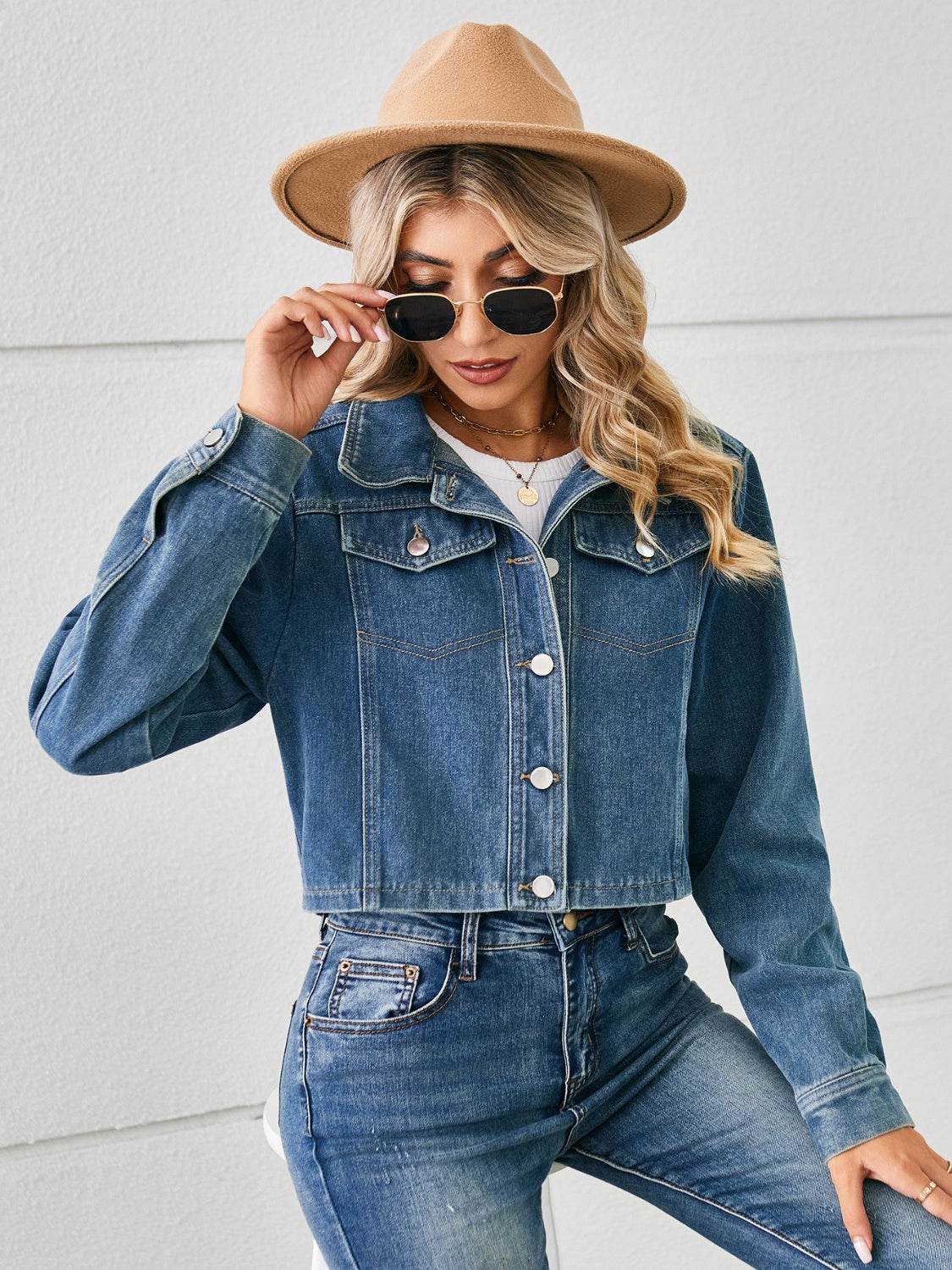 Button Up Long Sleeve Denim Jacket - Delanoir