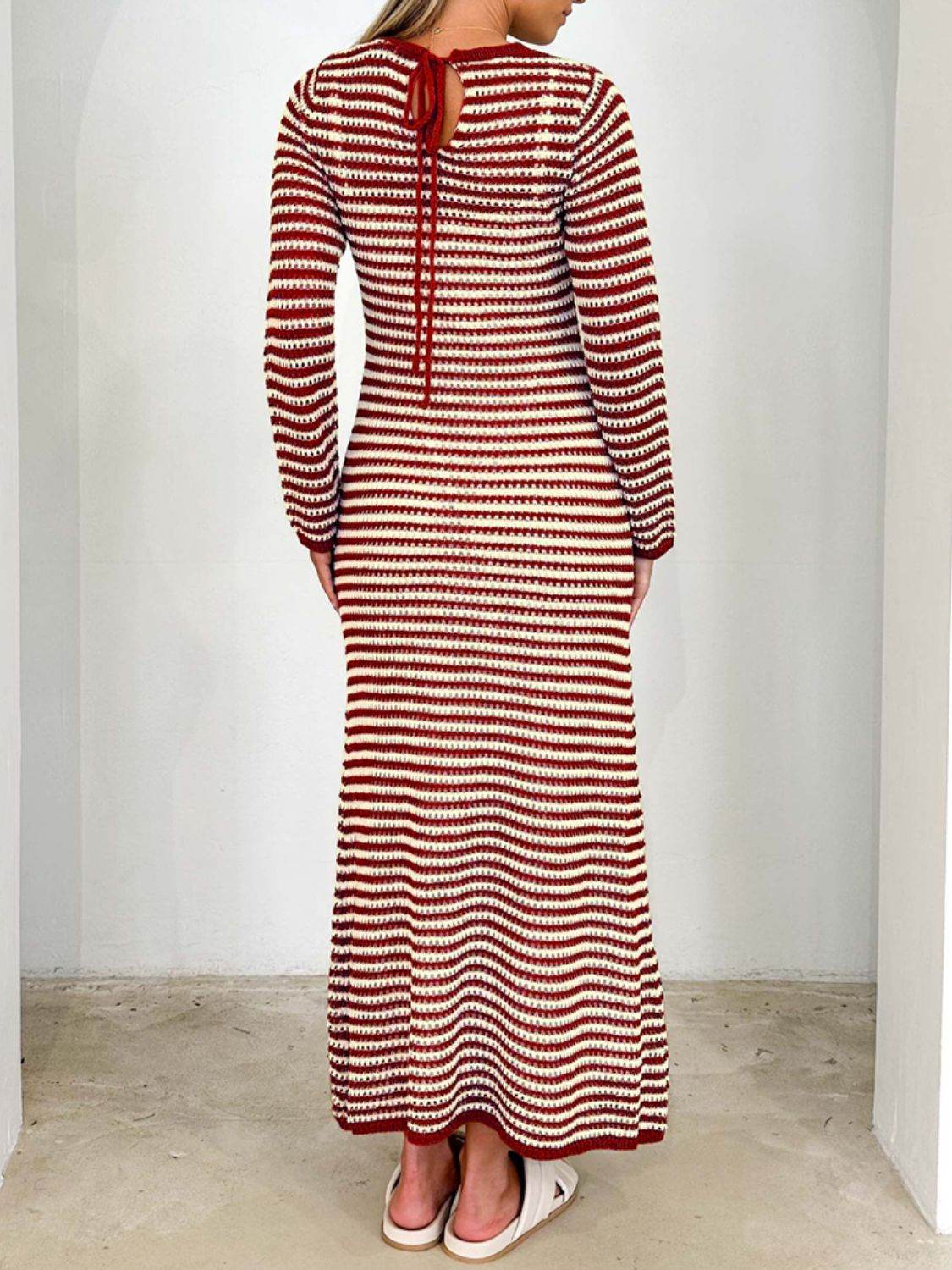 Devine Tied Round Neck Striped Sweater Dress - Delanoir