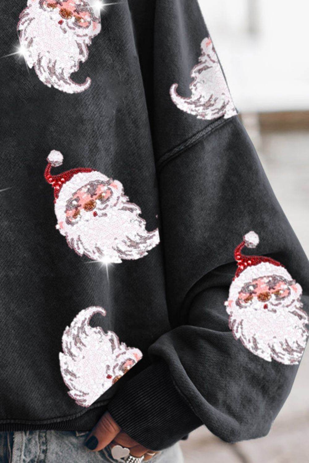 Sequin Santa Round Neck Drop Shoulder Sweatshirt - Delanoir