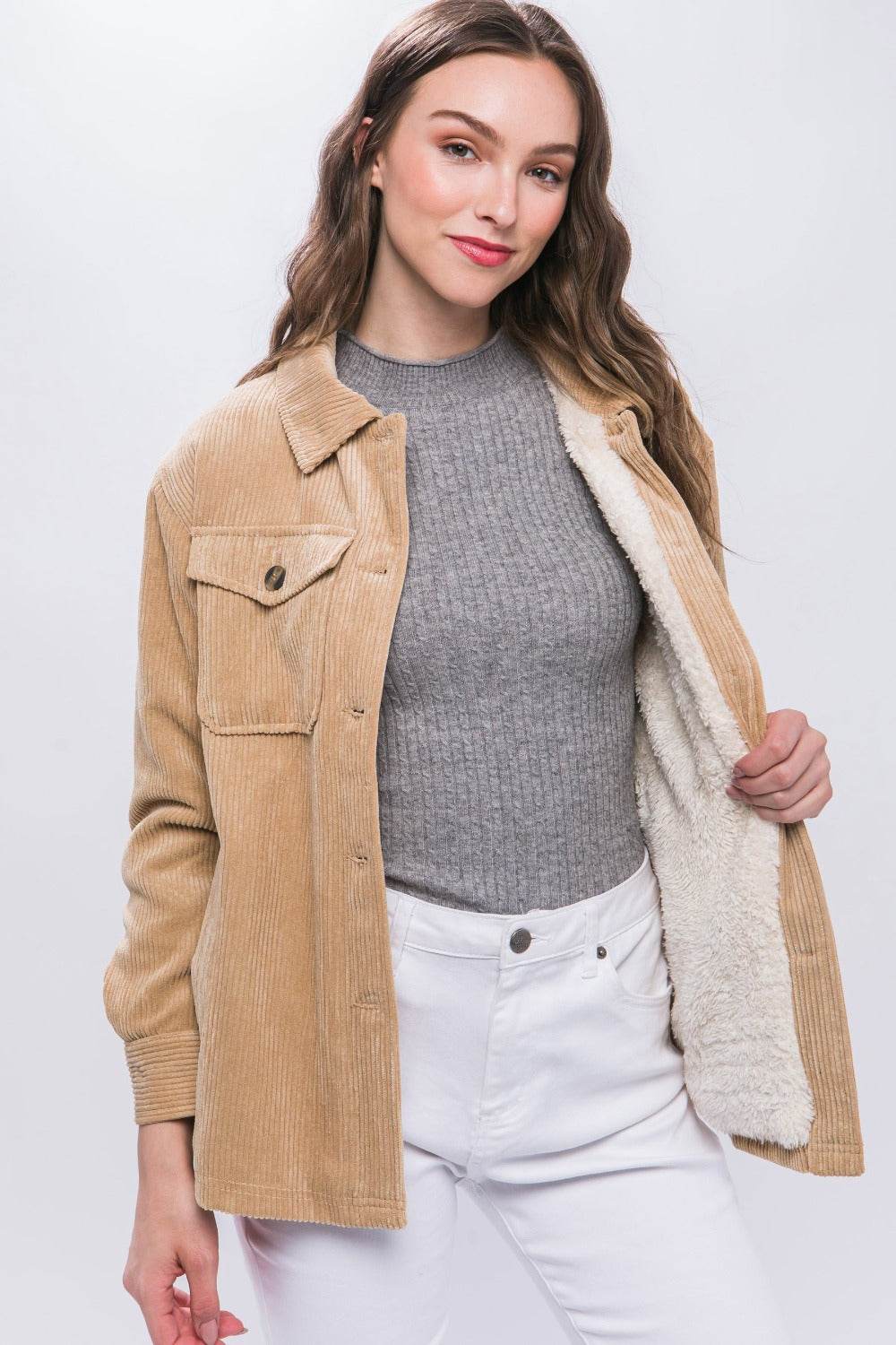 Love Tree Corduroy Button Up Jacket with Sherpa Inside - Delanoir