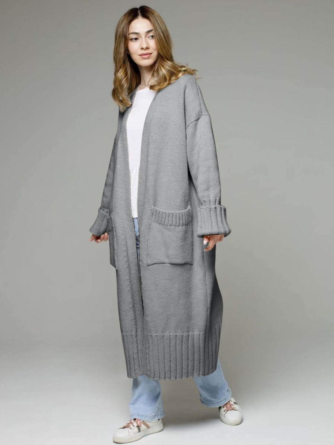 Pocketed Open Front Dropped Shoulder Cardigan - Delanoir