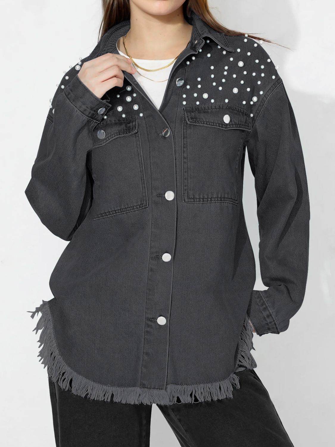Raw Hem Pearl Trim Collared Neck Denim Top - Delanoir