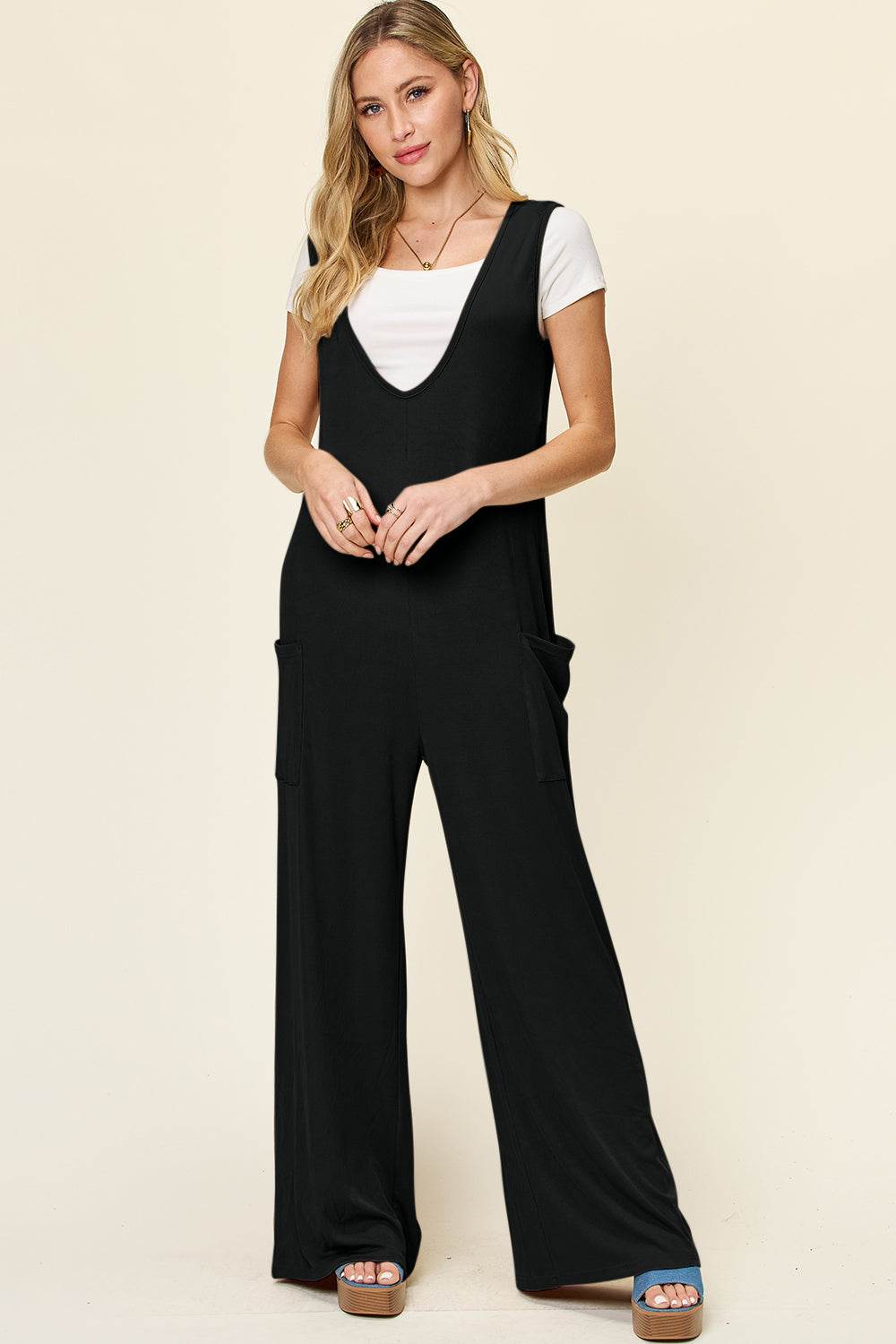 Double Take Full Size Sleeveless Wide Leg Jumpsuit with Pockets - Delanoir
