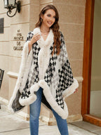 Checkered Faux Fur Trim Poncho - Delanoir