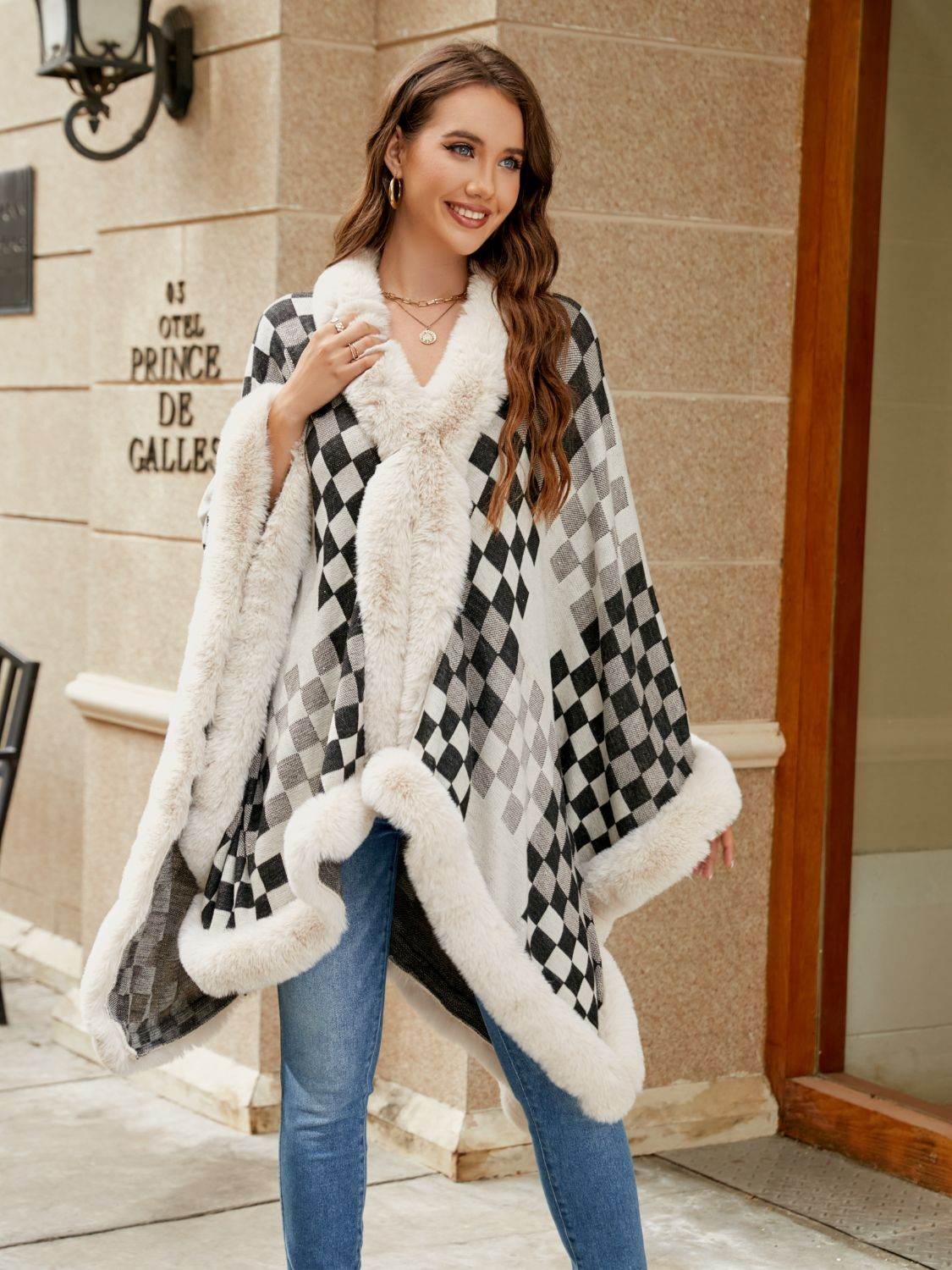 Checkered Faux Fur Trim Poncho - Delanoir