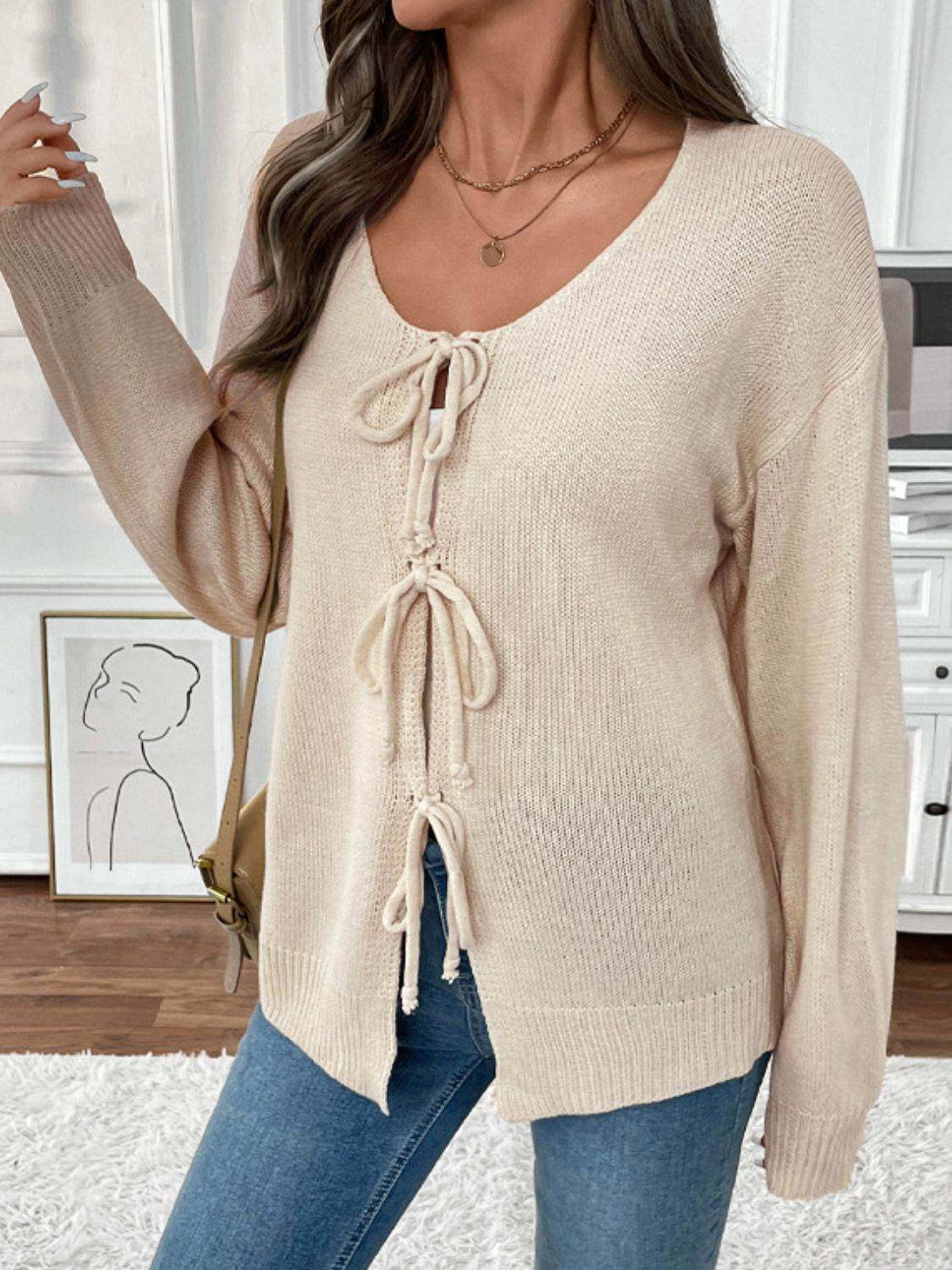 Perfee Tied Round Neck Long Sleeve Cardigan - Delanoir