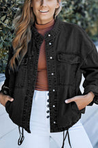 Drawstring Snap Down Denim Jacket with Chest Pockets - Delanoir