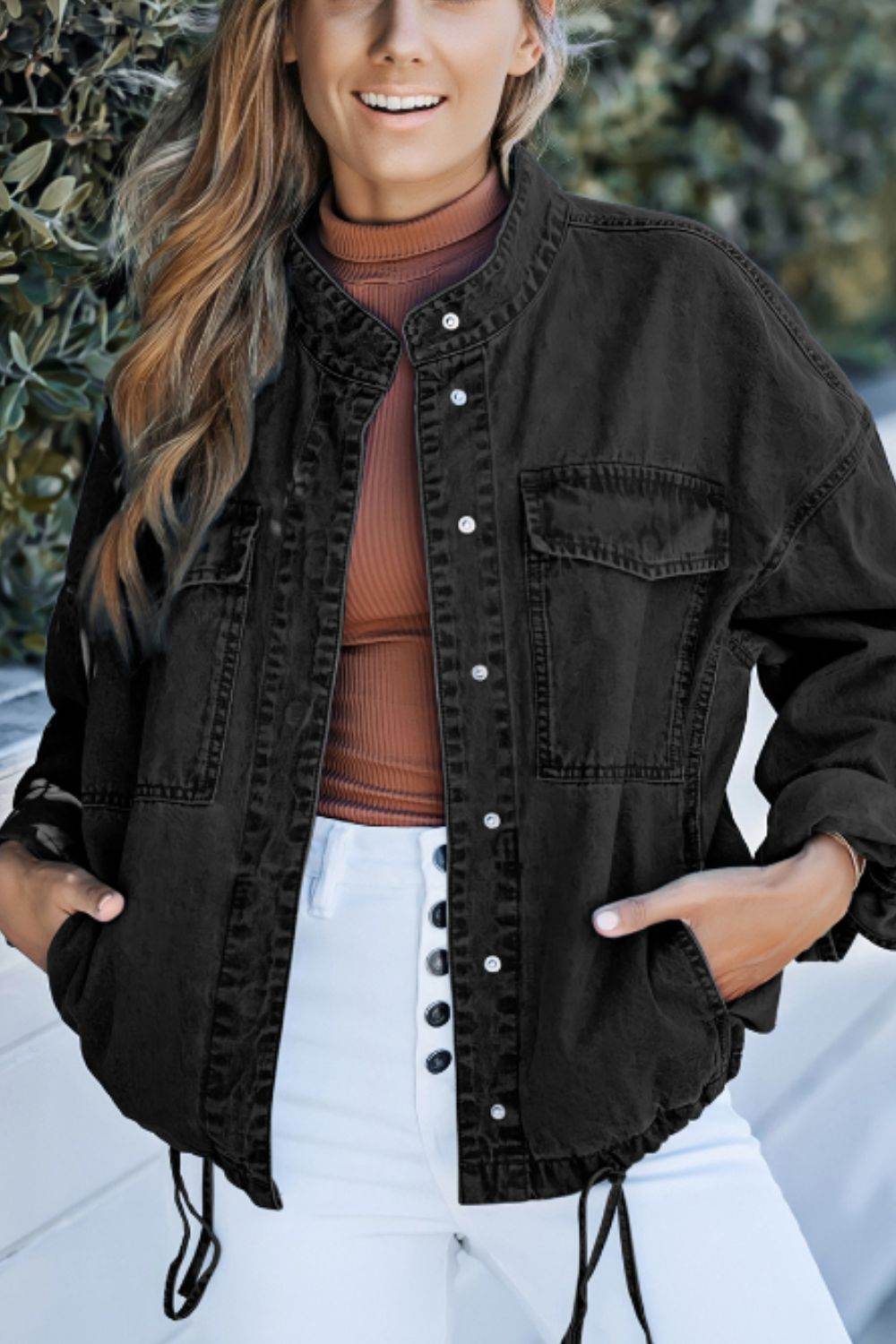 Drawstring Snap Down Denim Jacket with Chest Pockets - Delanoir