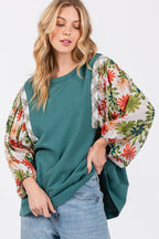 SAGE + FIG Full Size Printed Balloon Sleeve Contrast Top - Delanoir