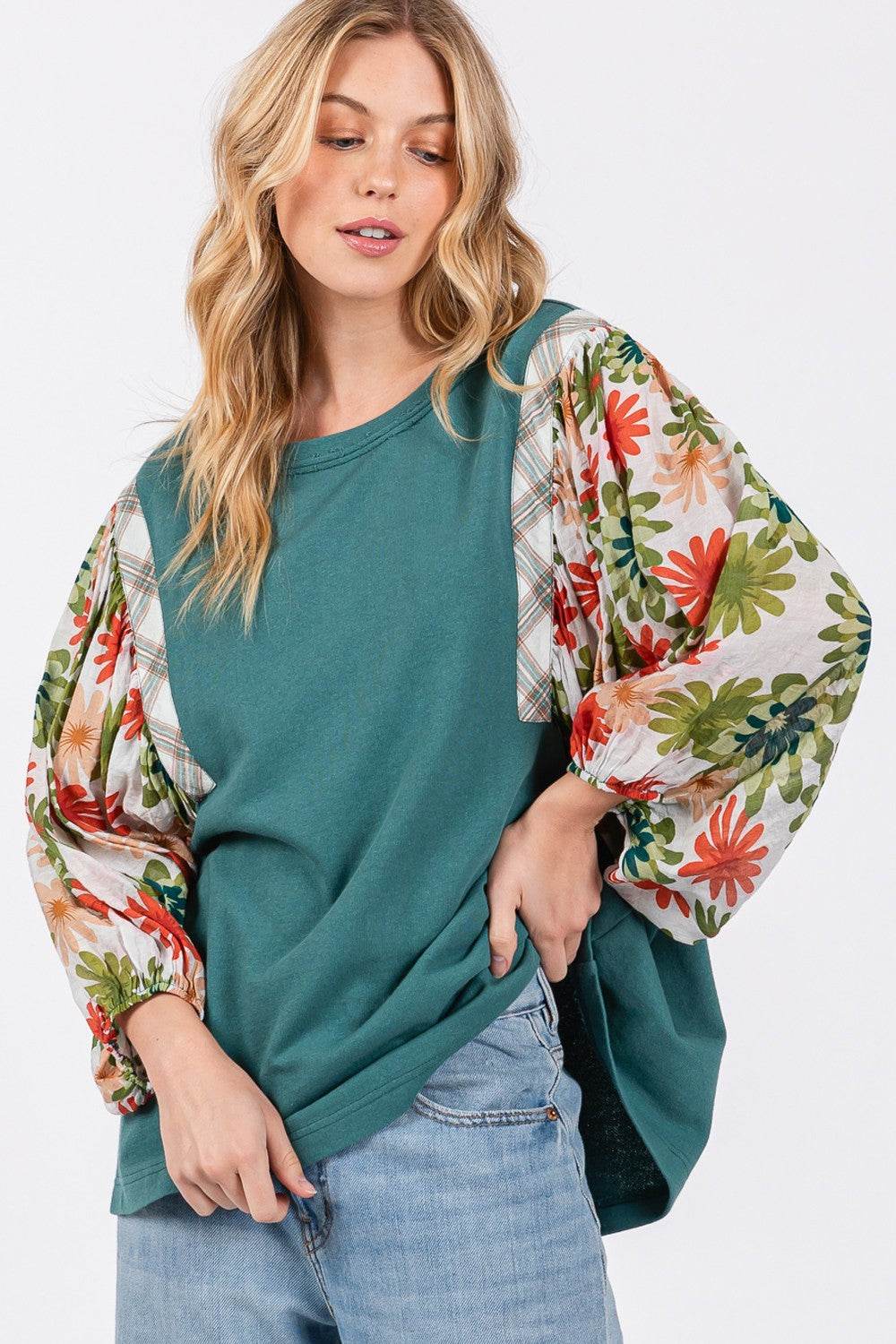 SAGE + FIG Full Size Printed Balloon Sleeve Contrast Top - Delanoir