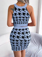 Houndstooth Sleeveless Top and Skirt Sweater Set - Delanoir
