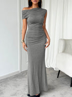 Devine Ruched Single Shoulder Short Sleeve Maxi Dress - Delanoir