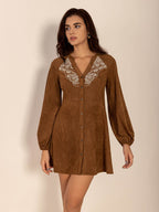 Notched Button Down Long Sleeve Mini Dress - Delanoir