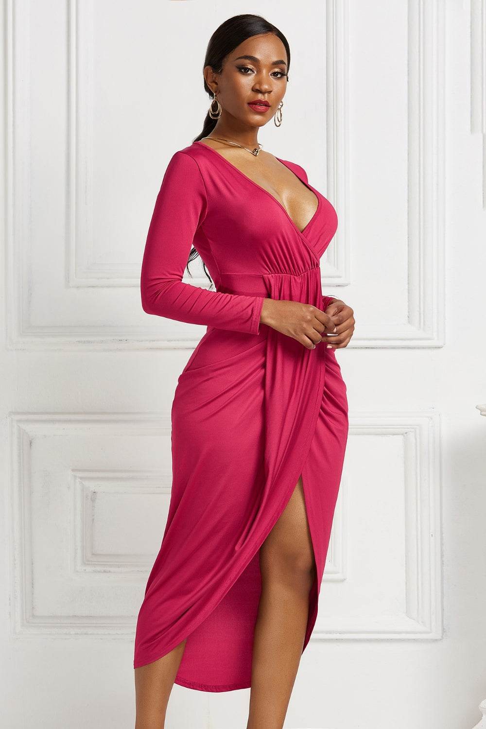 High-low Ruched Surplice Long Sleeve Dress - Delanoir