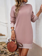 Devine Striped Mock Neck Long Sleeve Sweater Dress - Delanoir