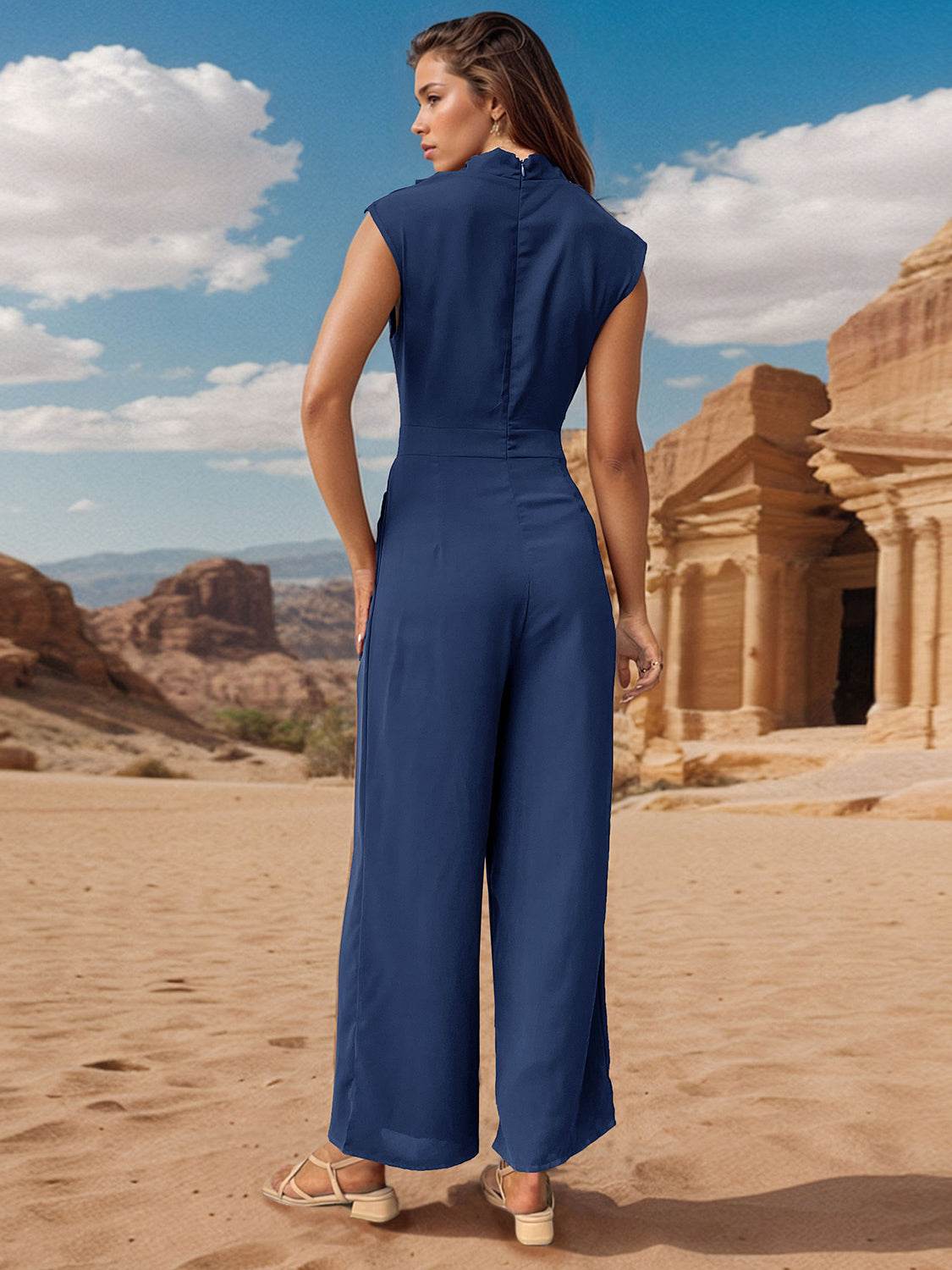 Perfee Ruched Mock Neck Sleeveless Jumpsuit - Delanoir
