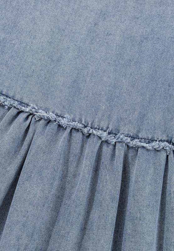 Cutout Round Neck Balloon Sleeve Denim Dress - Delanoir