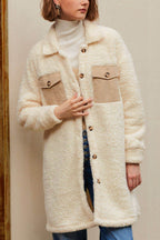 Collared Neck Long Sleeve Longline Teddy Jacket - Delanoir