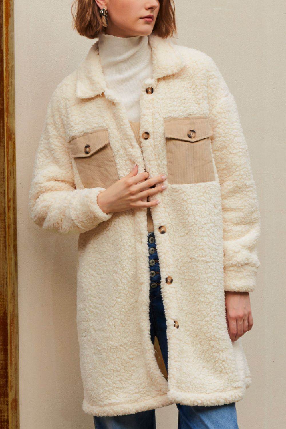 Collared Neck Long Sleeve Longline Teddy Jacket - Delanoir