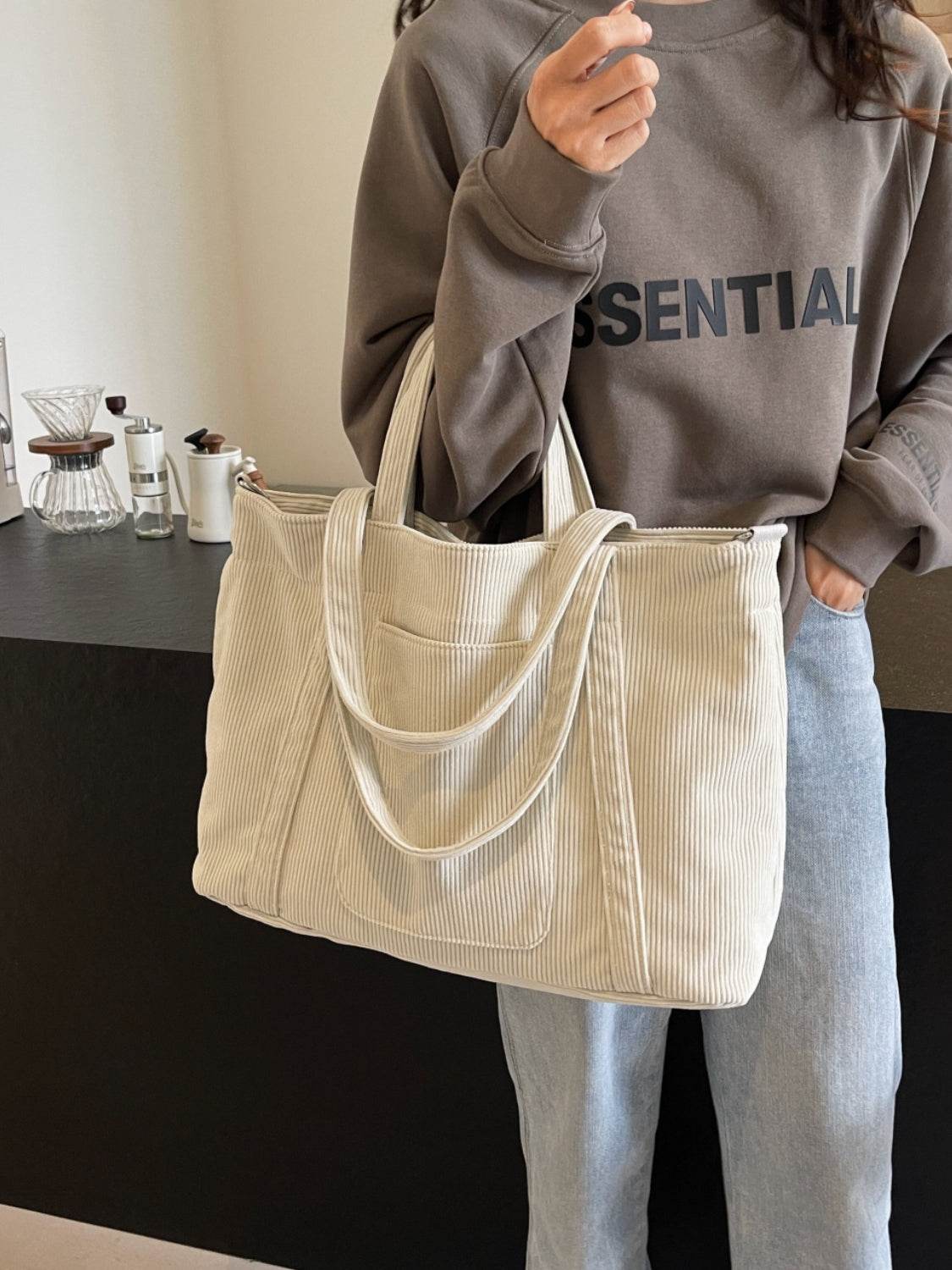 Corduroy Solid Large Tote Bag - Delanoir
