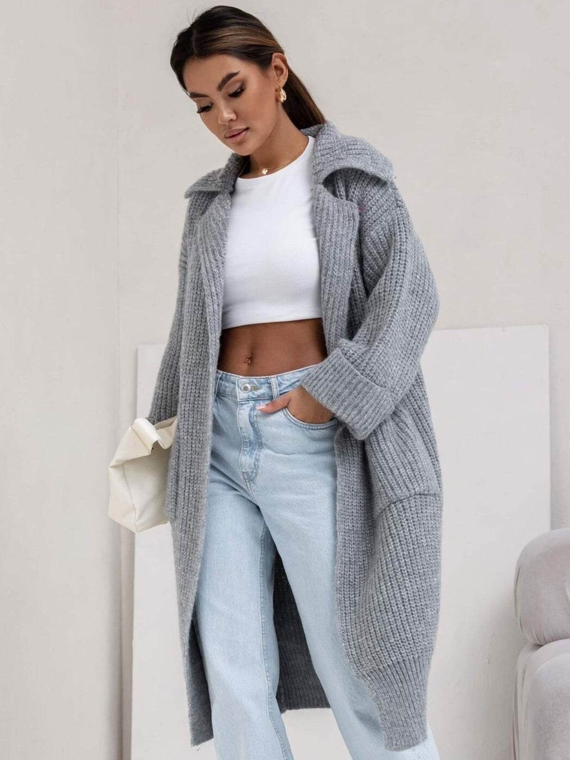 Pocketed Collared Neck Dropped Shoulder Cardigan - Delanoir