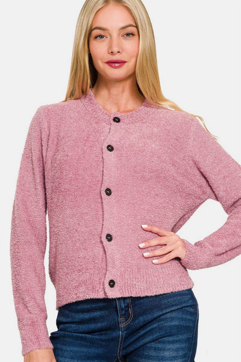 Zenana Button Down Long Sleeve Sweater Cardigan - Delanoir
