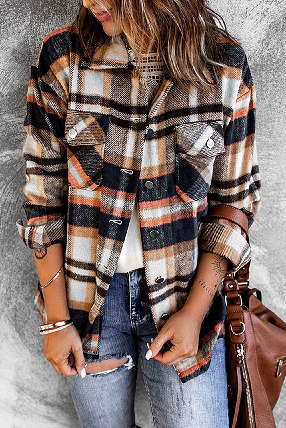 Plaid Button Front Shirt Jacket with Breast Pockets - Delanoir