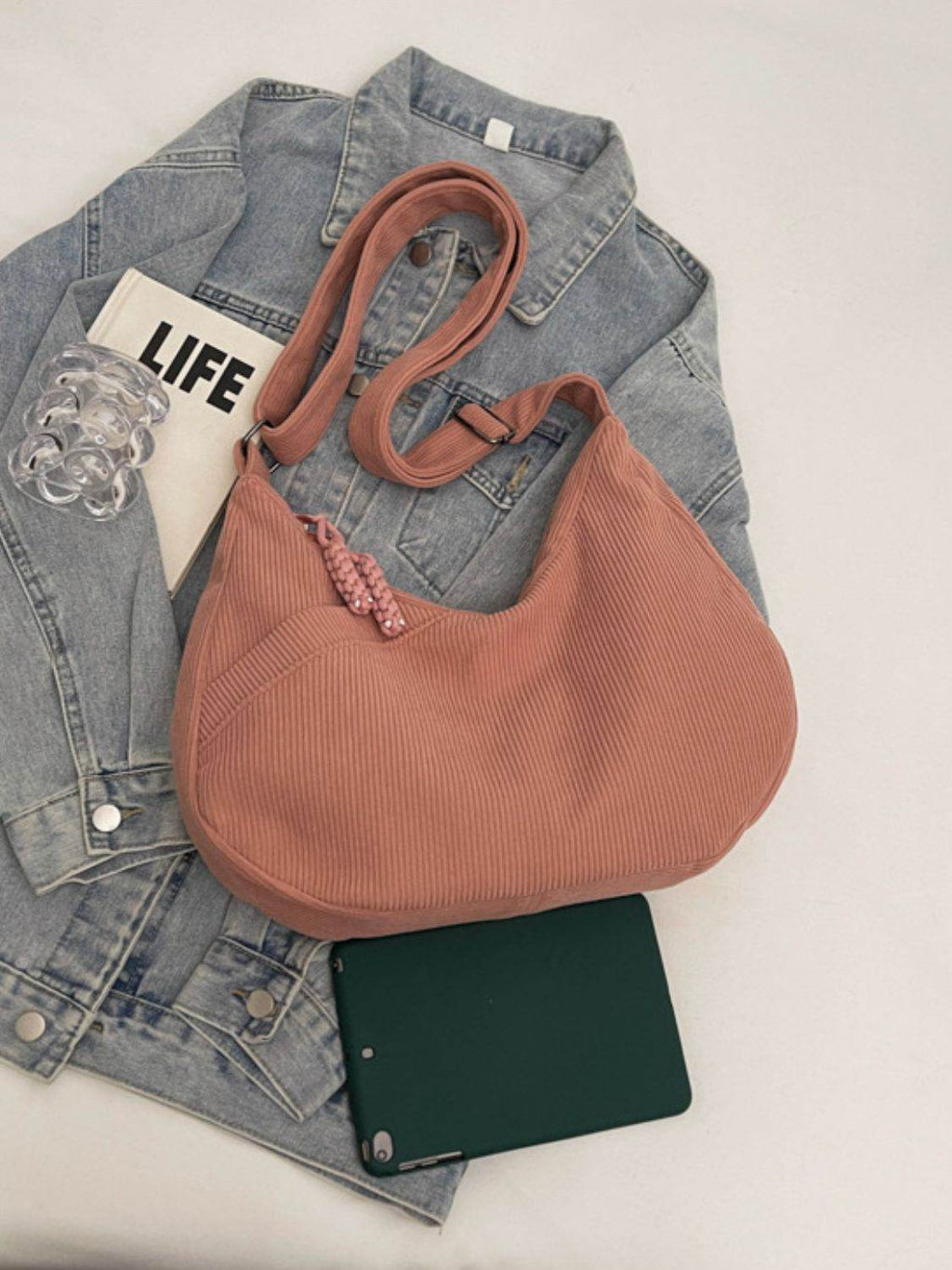 Ribbed Adjustable Strap Shoulder Bag - Delanoir