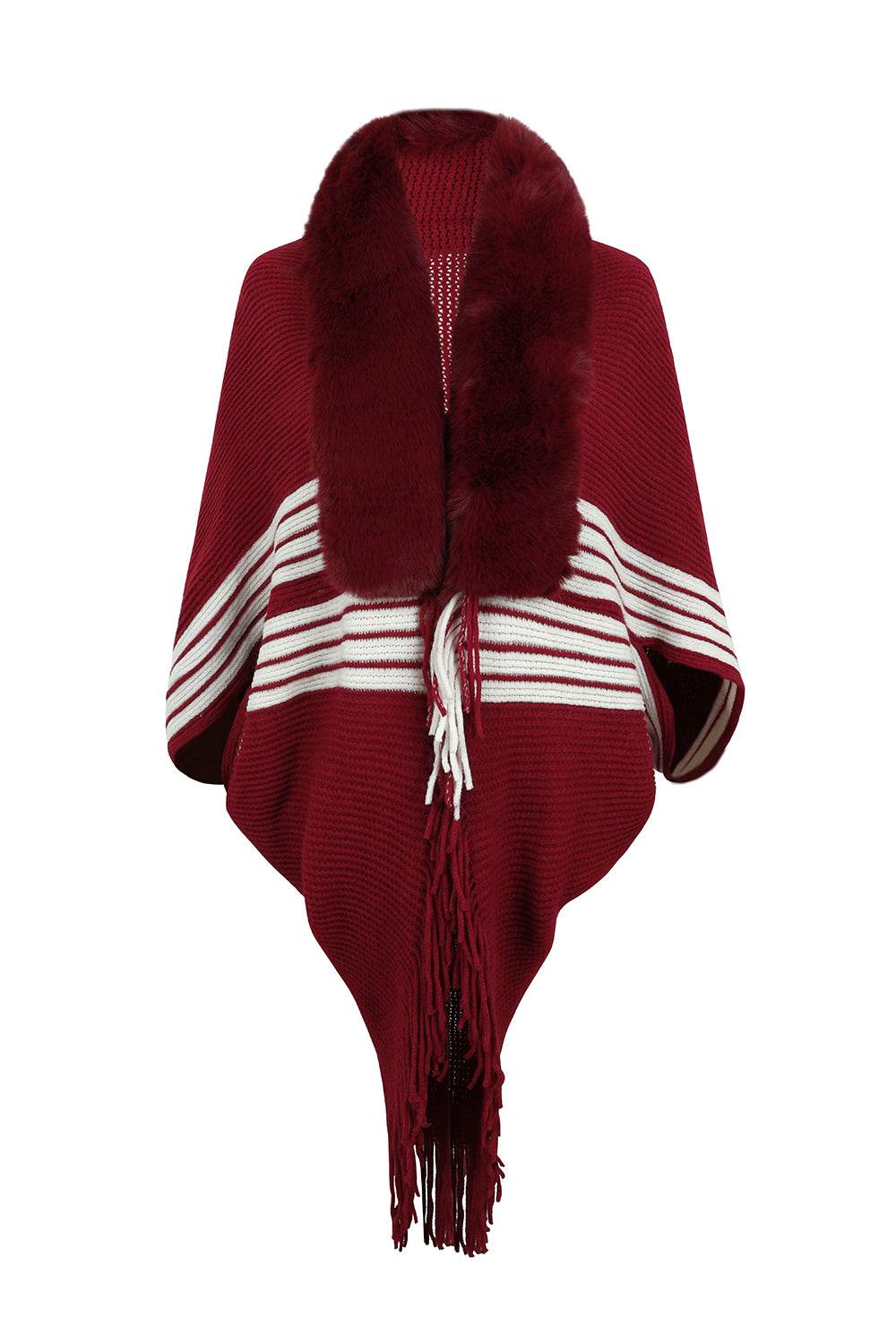 Striped Fringe Detail Long Sleeve Poncho - Delanoir