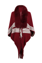 Striped Fringe Detail Long Sleeve Poncho - Delanoir