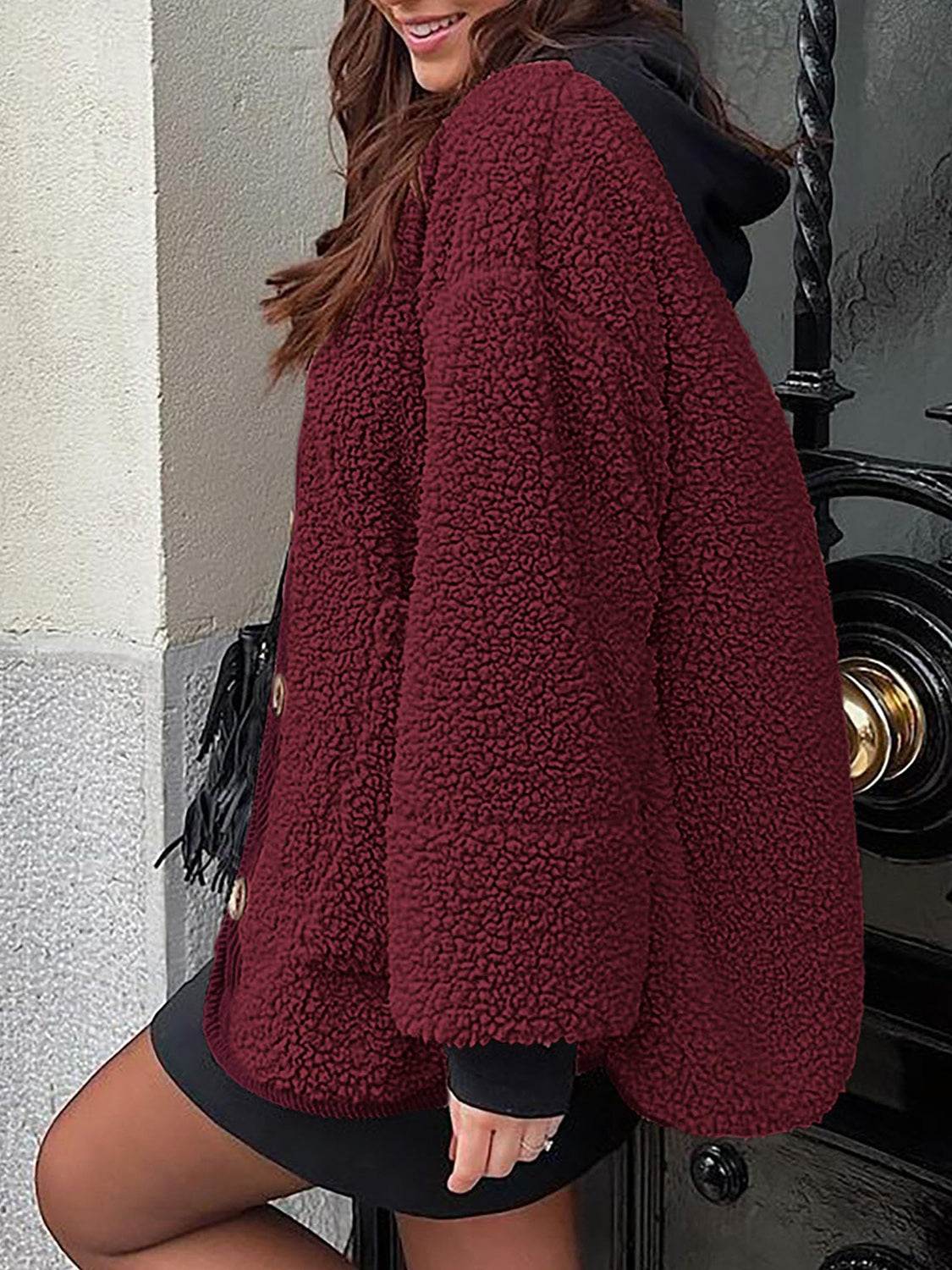 Contrast Button Up Sherpa Jacket with Pockets - Delanoir