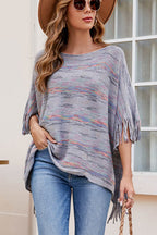 Round Neck Fringe Detail Sleeve Poncho - Delanoir