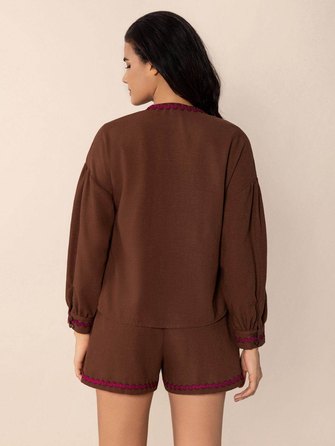 Tied V-Neck Long Sleeve Top and Shorts Set - Delanoir