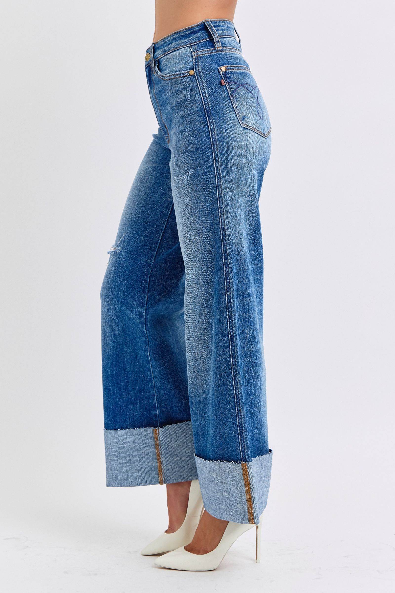 Judy Blue Full Size Distressed High Waist Wide Leg Jeans - Delanoir