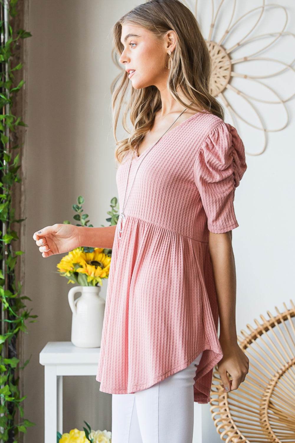 Heimish Full Size Waffle Knit V-Neck Babydoll Top - Delanoir
