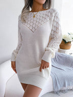 Openwork Boat Neck Sweater Dress - Delanoir