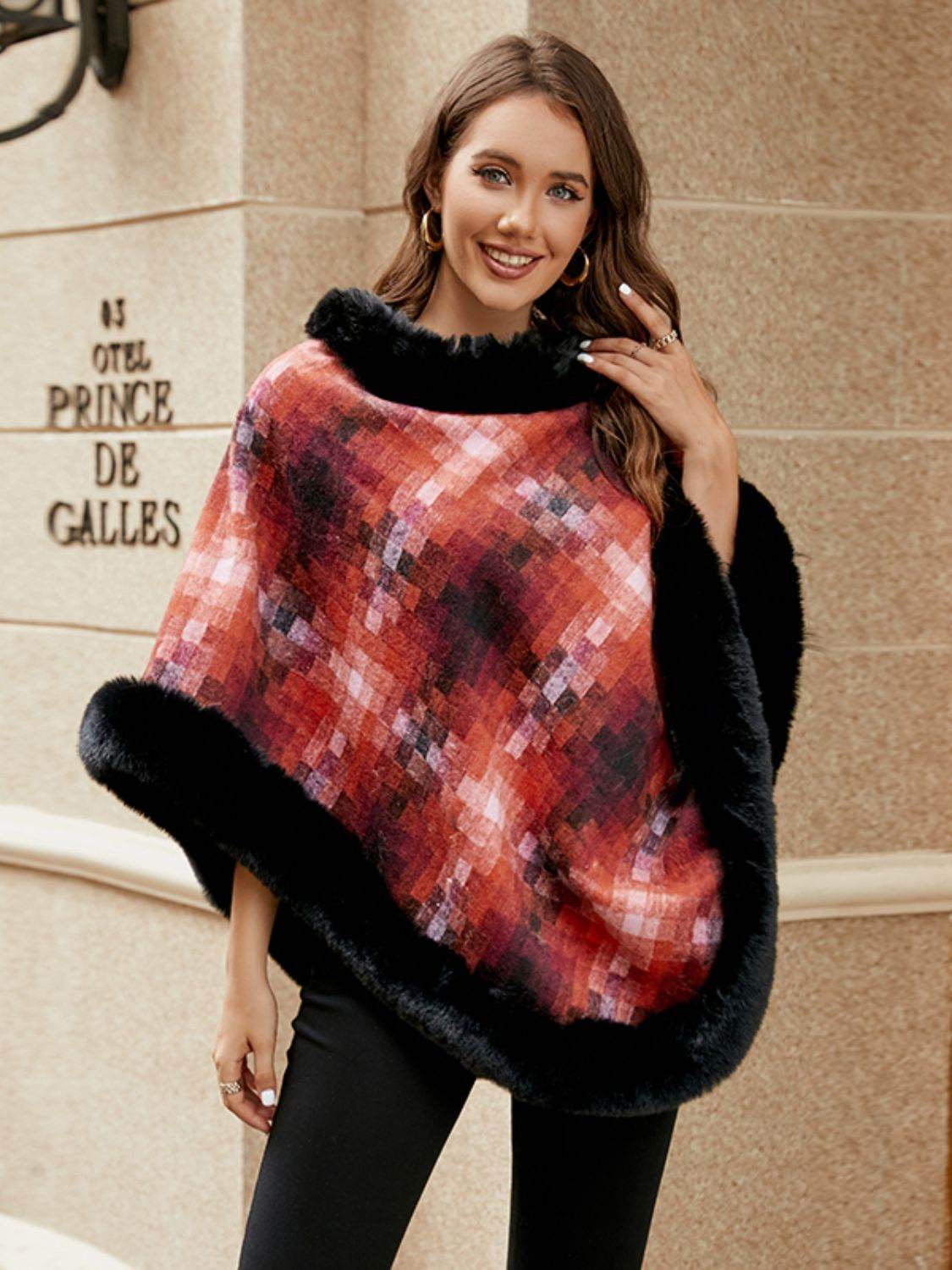 Faux Fur Trim Poncho - Delanoir