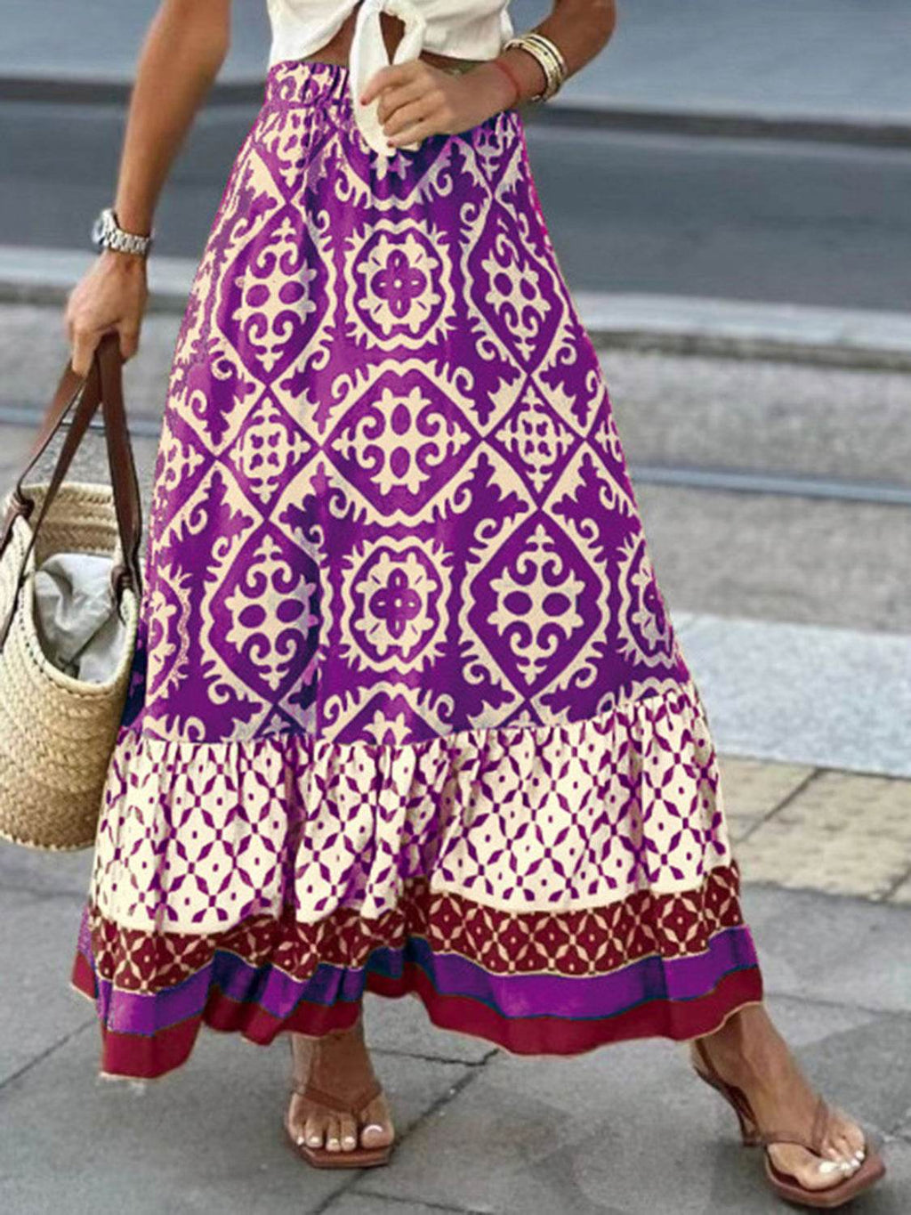 Geometric Elastic Waist Maxi Skirt - Delanoir