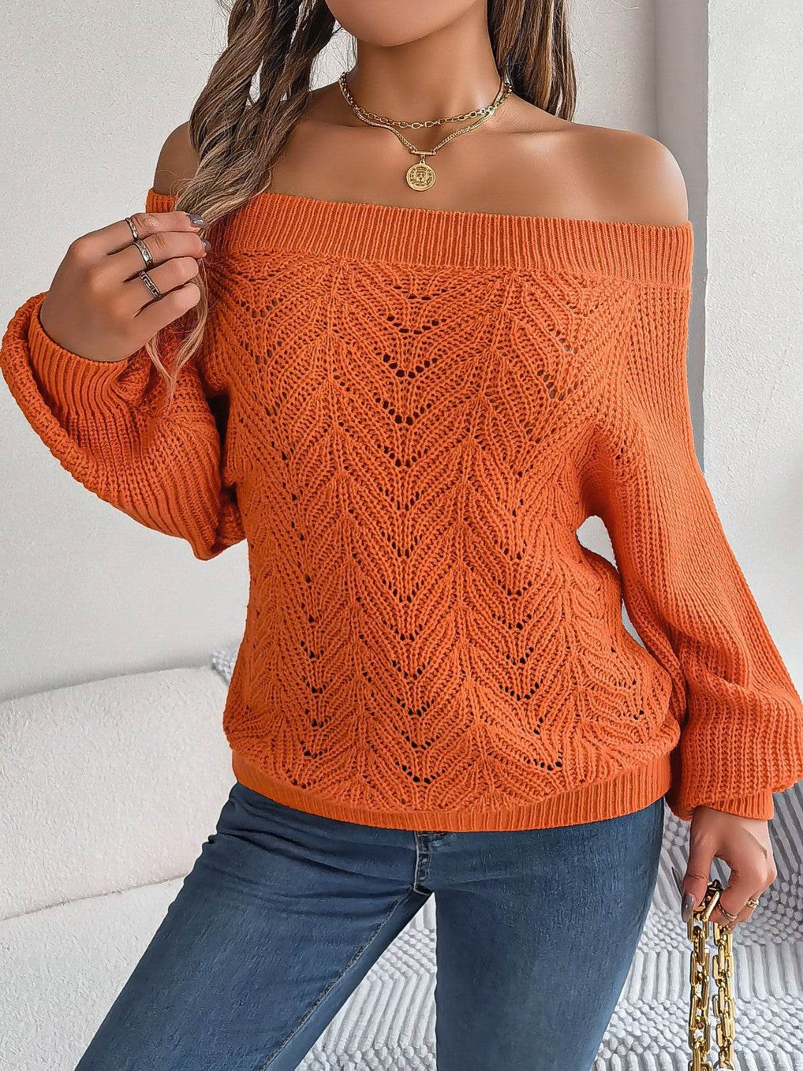 Openwork Off-Shoulder Long Sleeve Sweater - Delanoir