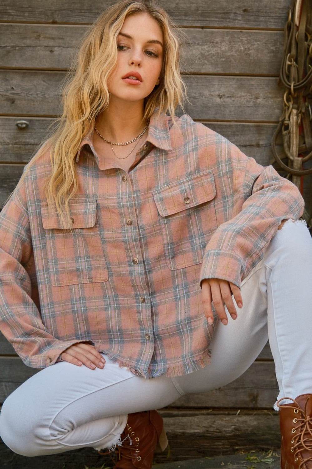 And The Why Full Size Plaid Button Up Raw Hem Shirt - Delanoir