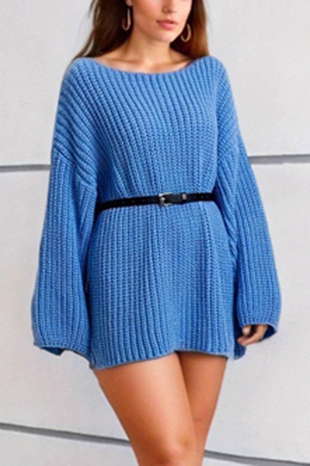 Boat Neck Dropped Shoulder Mini Sweater Dress - Delanoir