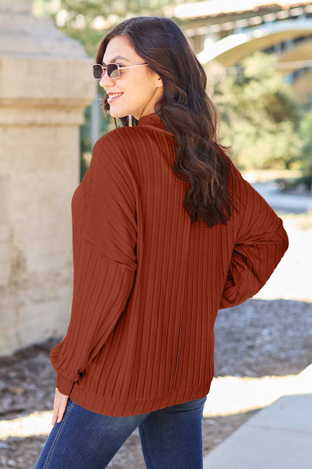 Basic Bae Full Size Ribbed Exposed Seam Mock Neck Knit Top - Delanoir