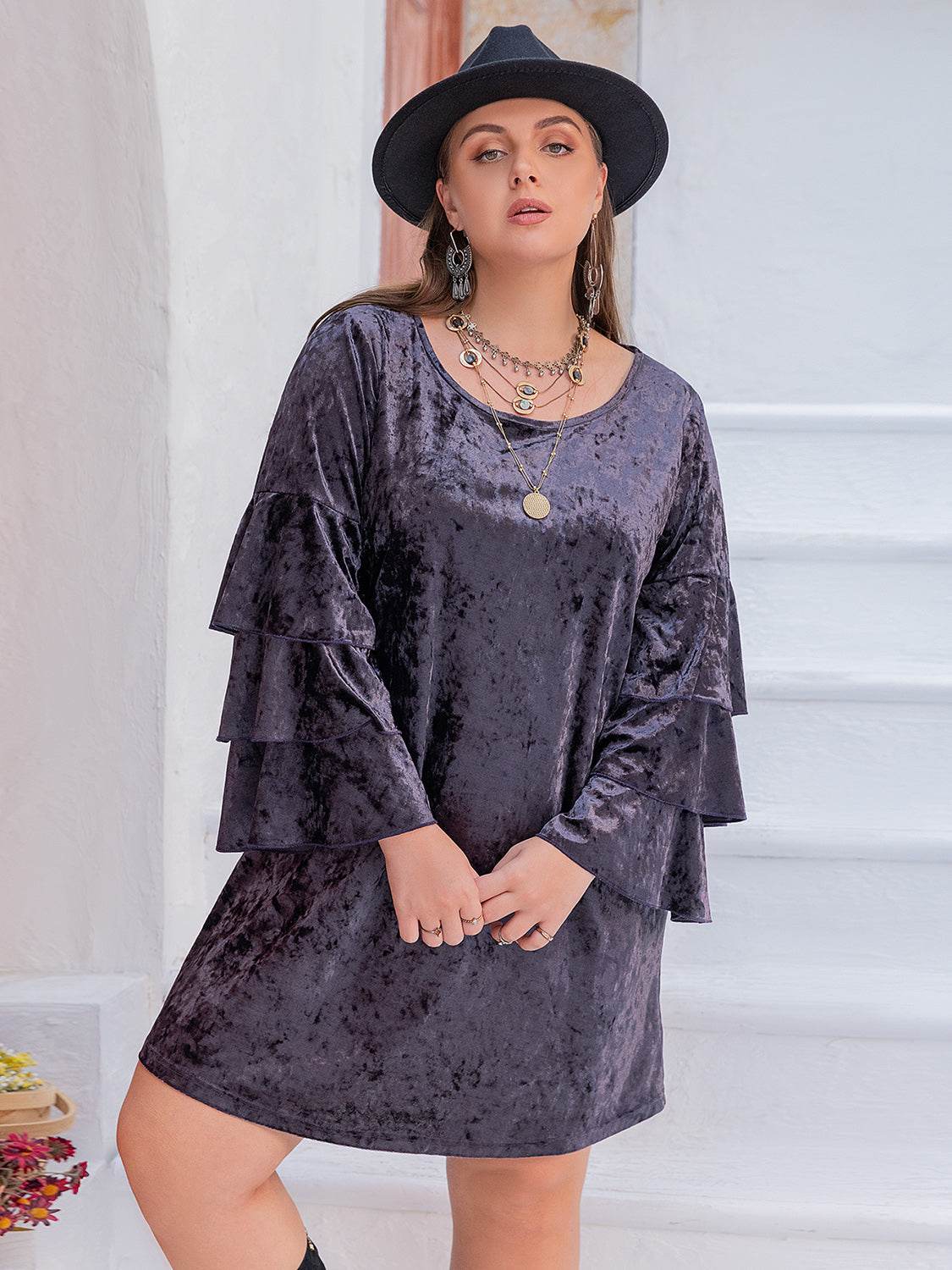 Plus Size Round Neck Flounce Sleeve Mini Dress - Delanoir