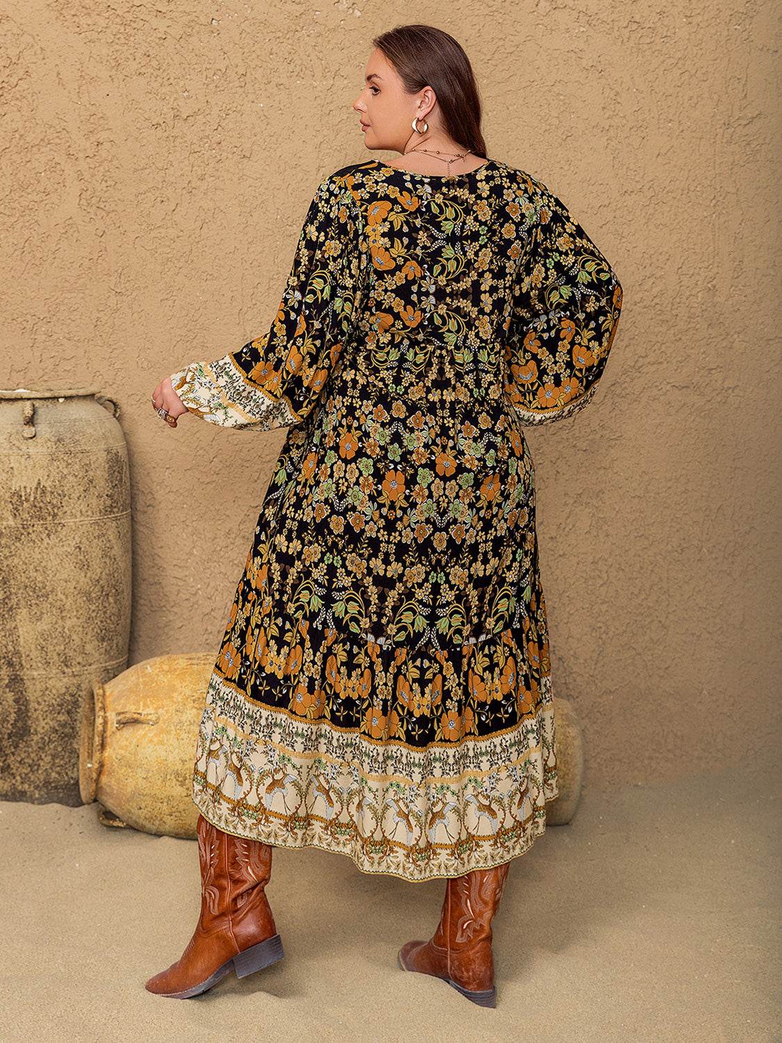 Plus Size Floral V-Neck Balloon Sleeve Midi Dress - Delanoir