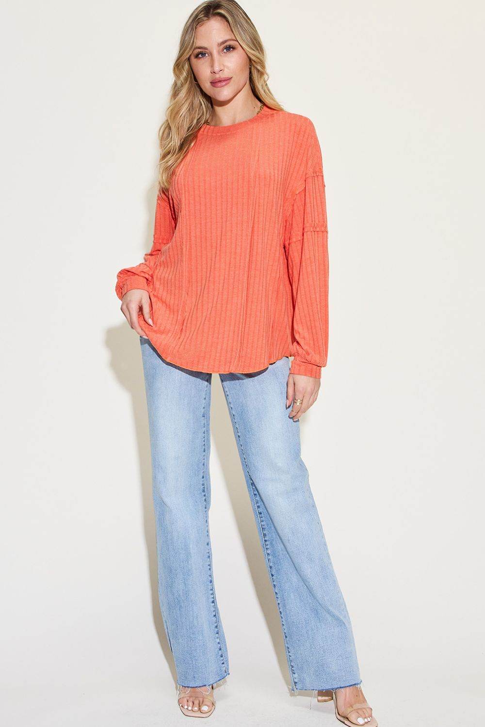 Basic Bae Full Size Ribbed Round Neck Long Sleeve T-Shirt - Delanoir